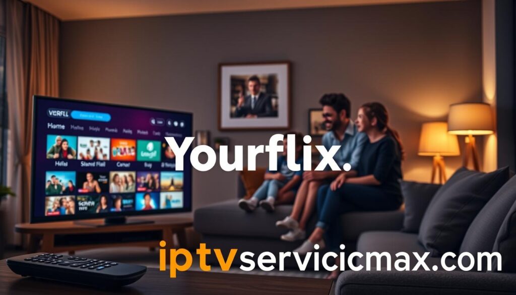 A visually striking overview of the Yourflix IPTV service, featuring a modern living room setting at dusk. In the foreground, a sleek smart TV displays the Yourflix interface with vibrant thumbnails of channels, accompanied by a stylish remote. In the middle ground, a family of four—two adults in modest casual clothing and two children—are seated on a comfy sofa, enjoying content on the TV, exuding joy and engagement. The background reveals a tastefully decorated room, illuminated by soft, ambient lighting from floor lamps, creating a cozy atmosphere. A subtle play of light reflects off the TV screen, enhancing the focus on the IPTV content. The brand name "iptvservicemax.com" is subtly integrated into the furniture design, ensuring it harmonizes with the scene without detracting from the overall composition.