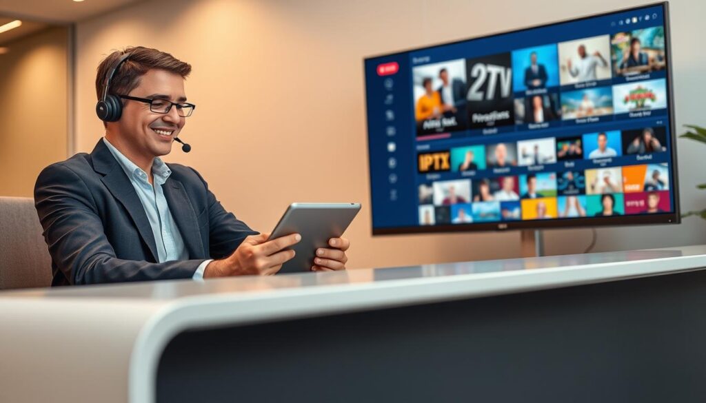 An attentive customer support representative for IPTV services sits at a sleek modern desk, focused on helping a customer through a tablet. The representative is wearing a professional business attire, a bright smile on their face, conveying professionalism and friendliness. In the foreground, a high-quality headset rests around their neck, symbolizing active communication. In the middle ground, a large computer monitor displays vivid 4K imagery of various IPTV channels, showcasing advanced streaming technology. The background features a tidy office environment with soft lighting, enhancing a calm atmosphere. The colors are warm and inviting, suggesting a reliable and supportive service ambiance. The logo "iptvservicemax.com" is subtly integrated into the desk design, emphasizing the brand without overwhelming the scene. The angle is slightly elevated, inviting viewers into the experience. An attentive customer support representative for IPTV services sits at a sleek modern desk, focused on helping a customer through a tablet. The representative is wearing a professional business attire, a bright smile on their face, conveying professionalism and friendliness. In the foreground, a high-quality headset rests around their neck, symbolizing active communication. In the middle ground, a large computer monitor displays vivid 4K imagery of various IPTV channels, showcasing advanced streaming technology. The background features a tidy office environment with soft lighting, enhancing a calm atmosphere. The colors are warm and inviting, suggesting a reliable and supportive service ambiance. The logo "iptvservicemax.com" is subtly integrated into the desk design, emphasizing the brand without overwhelming the scene. The angle is slightly elevated, inviting viewers into the experience.