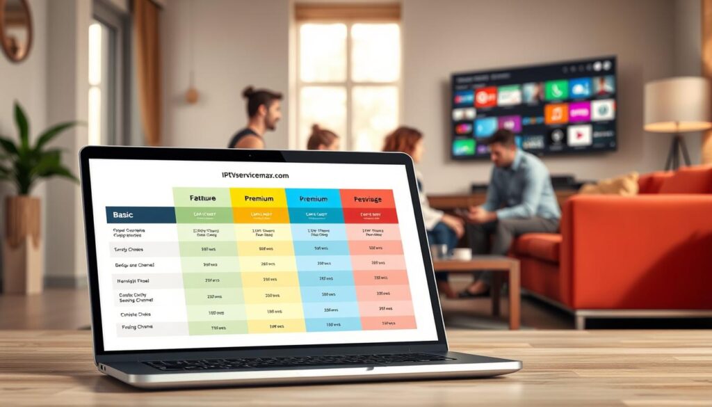 An informative and visually appealing illustration of IPTV pricing plans. In the foreground, a sleek laptop displays a clear, colorful chart depicting various IPTV pricing tiers, labeled with features like "Basic," "Premium," and "Family Package." The middle ground features a modern living room setting with a comfortable sofa and a coffee table, where a group of casually dressed professionals are discussing and reviewing their options, emphasizing a collaborative atmosphere. In the background, a wall-mounted large screen shows a vibrant streaming interface with various channels. Soft, natural lighting filters through a window, creating a welcoming ambiance. Ensure to include the brand name "iptvservicemax.com" subtly integrated into the laptop screen design, maintaining a professional tone throughout the image. An informative and visually appealing illustration of IPTV pricing plans. In the foreground, a sleek laptop displays a clear, colorful chart depicting various IPTV pricing tiers, labeled with features like "Basic," "Premium," and "Family Package." The middle ground features a modern living room setting with a comfortable sofa and a coffee table, where a group of casually dressed professionals are discussing and reviewing their options, emphasizing a collaborative atmosphere. In the background, a wall-mounted large screen shows a vibrant streaming interface with various channels. Soft, natural lighting filters through a window, creating a welcoming ambiance. Ensure to include the brand name "iptvservicemax.com" subtly integrated into the laptop screen design, maintaining a professional tone throughout the image.