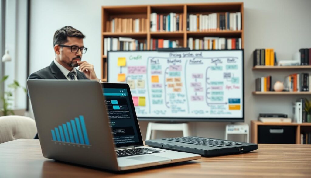 An informative workspace focusing on "Understanding Pricing Models and the Credit System" in the context of IPTV reselling. In the foreground, a modern desk with a laptop displaying graphs and charts related to pricing models. To one side, a professional individual in business attire analyzes the data, with a thoughtful expression. In the middle, a digital whiteboard filled with color-coded notes and flowcharts that outline different pricing structures and credit systems used by IPTV services. In the background, soft-focus shelves filled with books on finance and technology. The lighting is bright and inviting, suggesting a productive atmosphere, captured with a wide-angle lens to encompass the entire scene while maintaining clarity. Ensure the brand name "iptvservicemax.com" is subtly included in the laptop screen design. An informative workspace focusing on "Understanding Pricing Models and the Credit System" in the context of IPTV reselling. In the foreground, a modern desk with a laptop displaying graphs and charts related to pricing models. To one side, a professional individual in business attire analyzes the data, with a thoughtful expression. In the middle, a digital whiteboard filled with color-coded notes and flowcharts that outline different pricing structures and credit systems used by IPTV services. In the background, soft-focus shelves filled with books on finance and technology. The lighting is bright and inviting, suggesting a productive atmosphere, captured with a wide-angle lens to encompass the entire scene while maintaining clarity. Ensure the brand name "iptvservicemax.com" is subtly included in the laptop screen design.