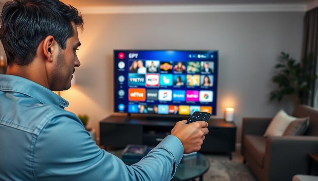 An overview of the Beast IPTV Electronic Program Guide (EPG) for streamlined viewing, featuring a sleek, modern interface displayed on a flat-screen Smart TV in a cozy living room setting. In the foreground, a user, dressed in professional casual attire, interacts with a remote control, their focused expression indicating engagement with the EPG. In the middle ground, the TV screen shows a vibrant, user-friendly EPG layout with colorful program categories and thumbnails. The background features a well-decorated living room with soft lighting and a comfortable sofa, conveying a relaxed atmosphere. The overall mood is inviting and tech-savvy, capturing the essence of modern entertainment at home. The logo "iptvservicemax.com" is subtly integrated into the design, enhancing the tech ambiance without overwhelming the composition.
