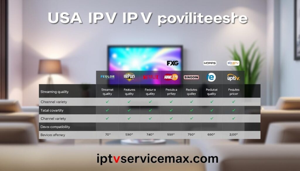 Create a visually striking and informative comparison chart representing various USA IPTV providers, emphasizing features and pricing. In the foreground, depict a sleek, professional table layout with icons illustrating key features like streaming quality, channel variety, and device compatibility. The middle layer should feature distinct logos of popular IPTV providers, ensuring clarity and recognition. In the background, incorporate a gradient depicting a vibrant TV screen and modern living room setup, suggesting a cozy viewing environment. Use bright, natural lighting to convey an inviting atmosphere, focusing on clean lines and a contemporary design. Ensure everything is organized and visually appealing, suitable for a tech-savvy audience. Showcase the website "iptvservicemax.com" subtly within the design, enhancing the connection to IPTV comparisons without overcrowding the visual.