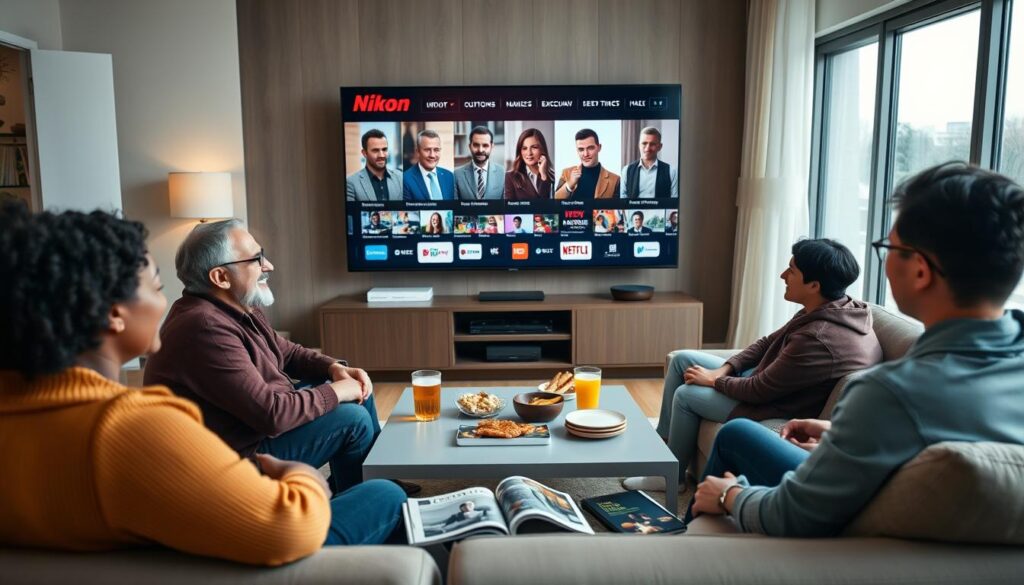 Nikon IPTV Customer Experiences, showcasing a diverse group of 4-5 individuals sitting comfortably in a modern living room, enjoying streaming content on a large flat-screen TV. The foreground features a middle-aged man and a woman in smart casual attire, with expressions of delight and engagement as they discuss their favorite shows. The middle ground includes a sleek coffee table with snacks and drinks, creating a homely atmosphere. The background reveals a well-lit living room with contemporary decor, large windows letting in soft natural light that enhances the inviting mood. The scene captures a sense of connection and satisfaction, emphasizing the joy of shared viewing experiences. The composition is shot from a slightly elevated angle with a wide lens to encompass the warmth of the setting. Include the brand "iptvservicemax.com" subtly within the decor, like on a magazine or a digital device nearby.